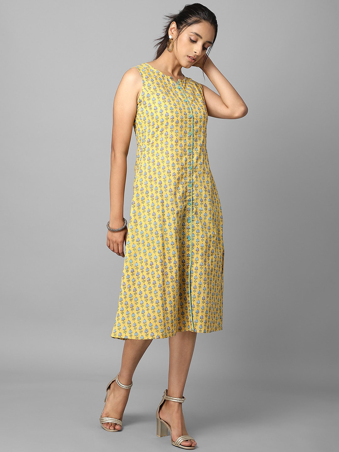 

Azira Yellow & Blue Ethnic Motifs A-Line Midi Dress