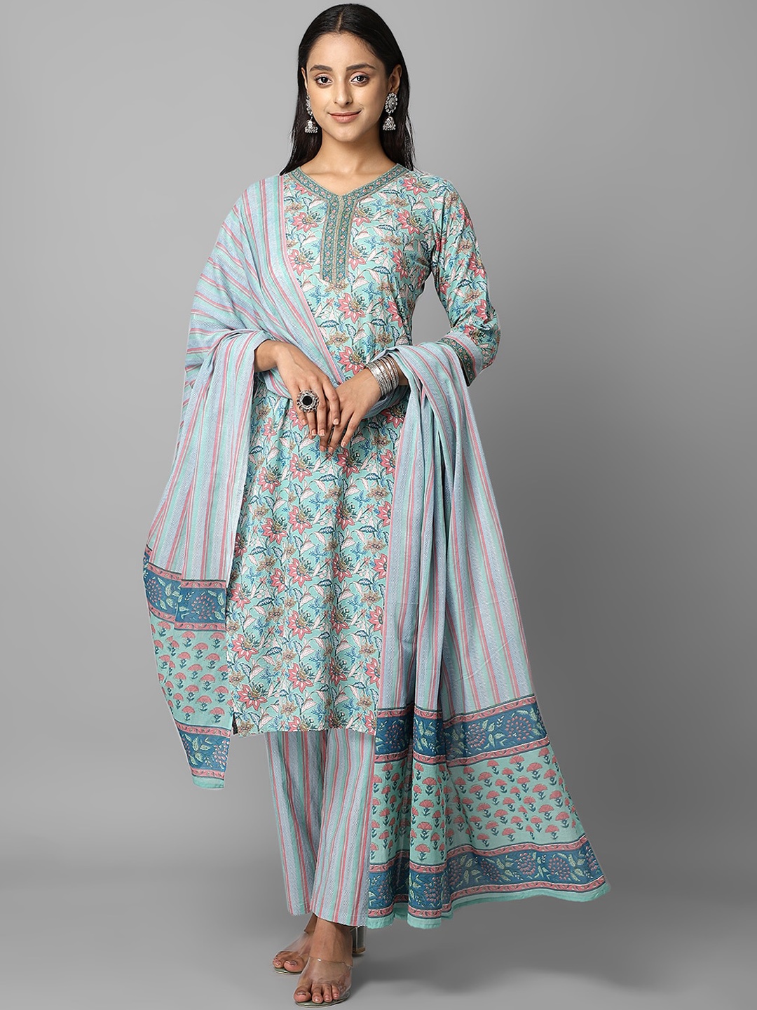 

Azira Women Green Floral Printed Regular Pure Cotton Kurta with Trousers & With Dupatta