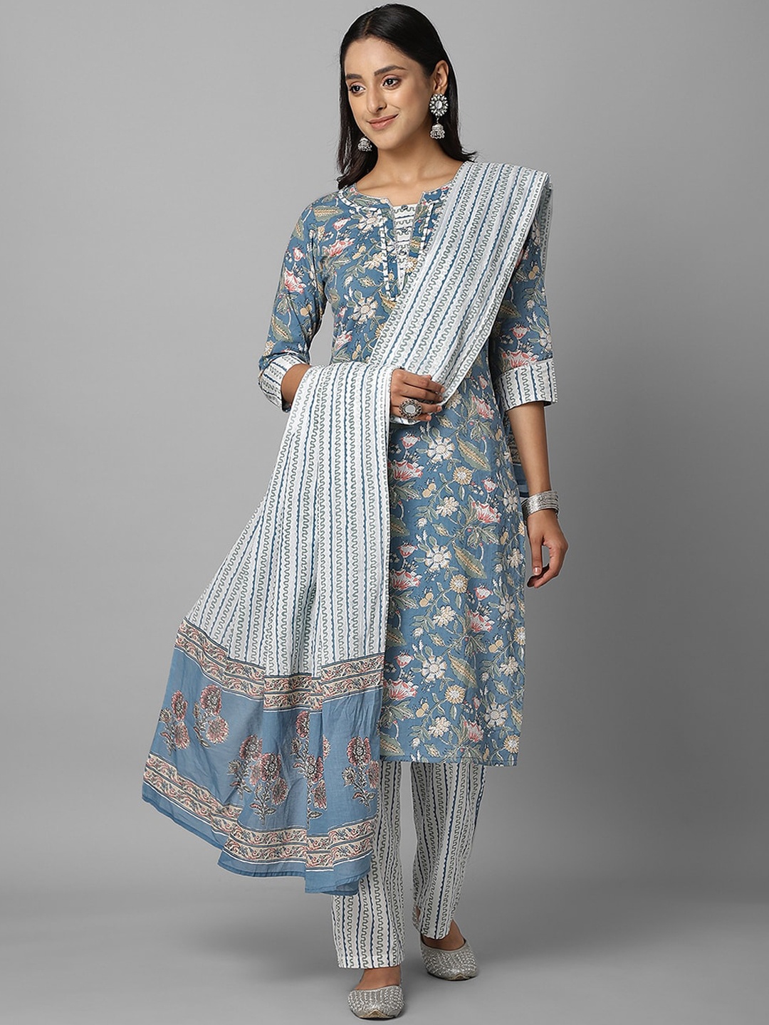 

Azira Women Blue Printed Regular Pure Cotton Kurta with Trousers & Dupatta
