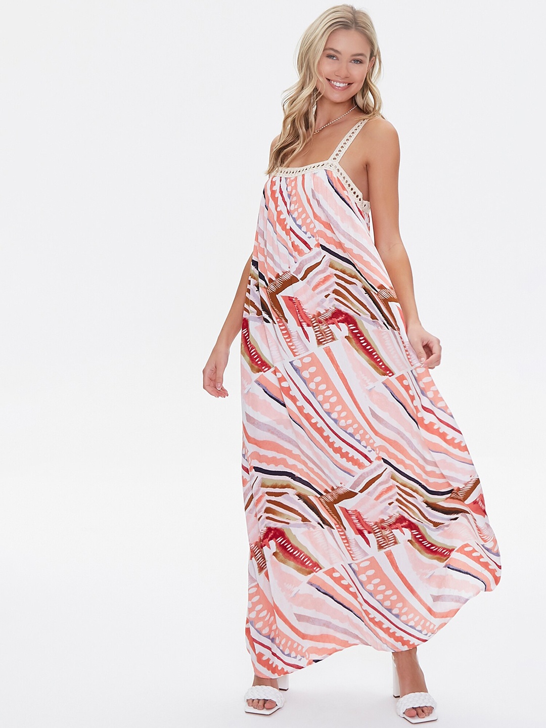 

FOREVER 21 White & Maroon Printed Shoulder Straps Maxi Dress