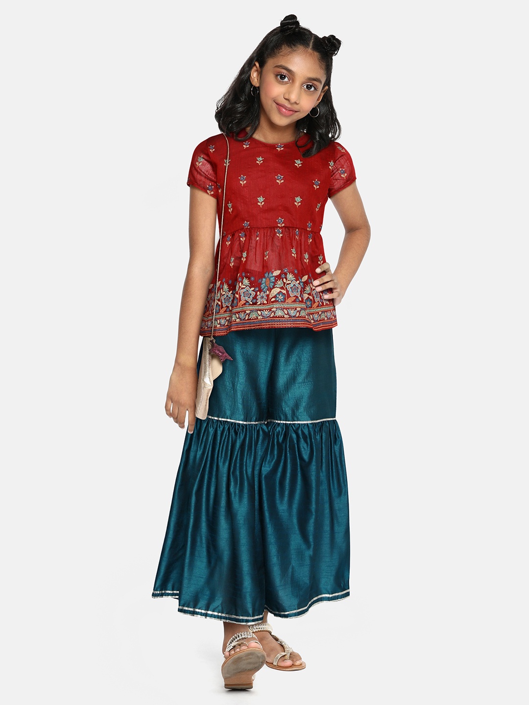 

Global Desi Girls Red & Teal Blue Printed Kurta with Sharara