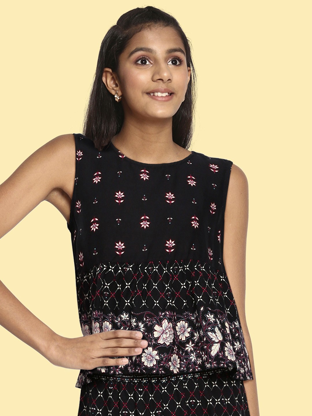 

Global Desi Girls Black Floral Printed Two-Piece Set