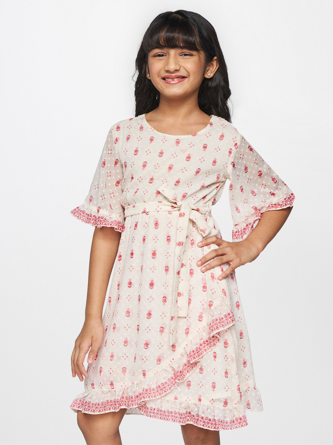 

Global Desi Girls White & Pink Printed Wrap Dress