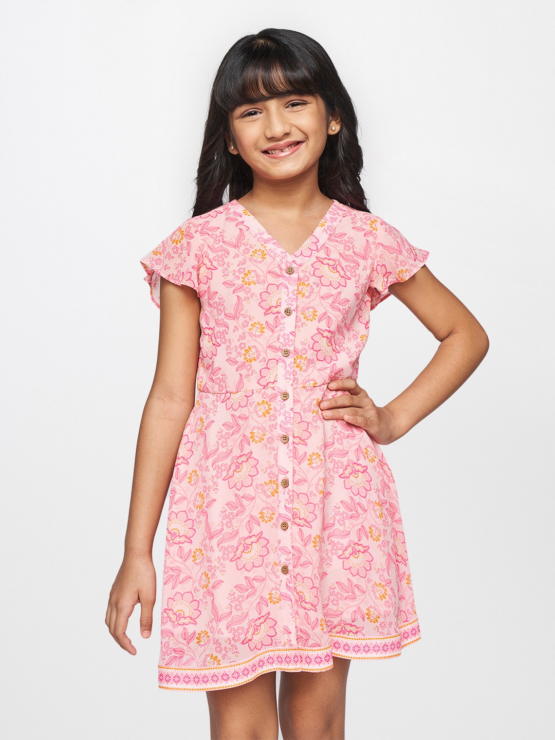 

Global Desi Girls Pink Floral Printed Fit & Flare Dress