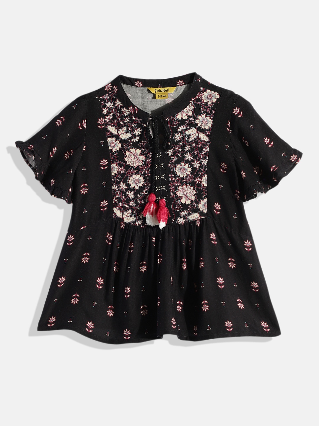 

Global Desi Girls Black & Beige Floral Printed Top