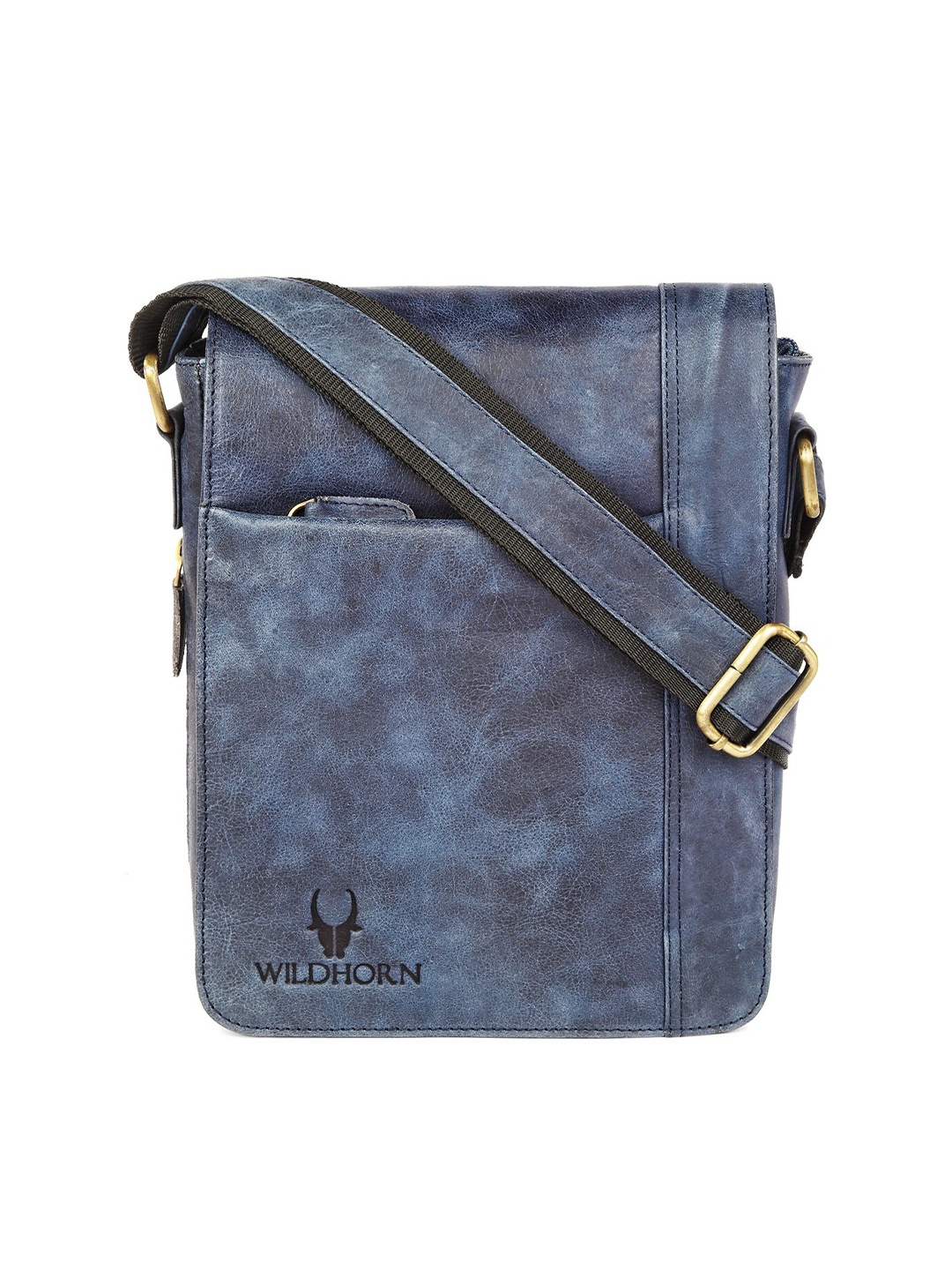 

WildHorn Men Blue & Grey Textured Genuine Leather Messenger Bag