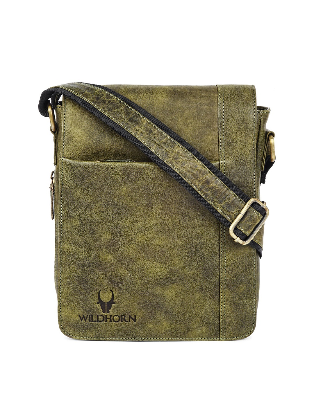 

WildHorn Men Olive Green Textured Genuine Leather Messenger Bag