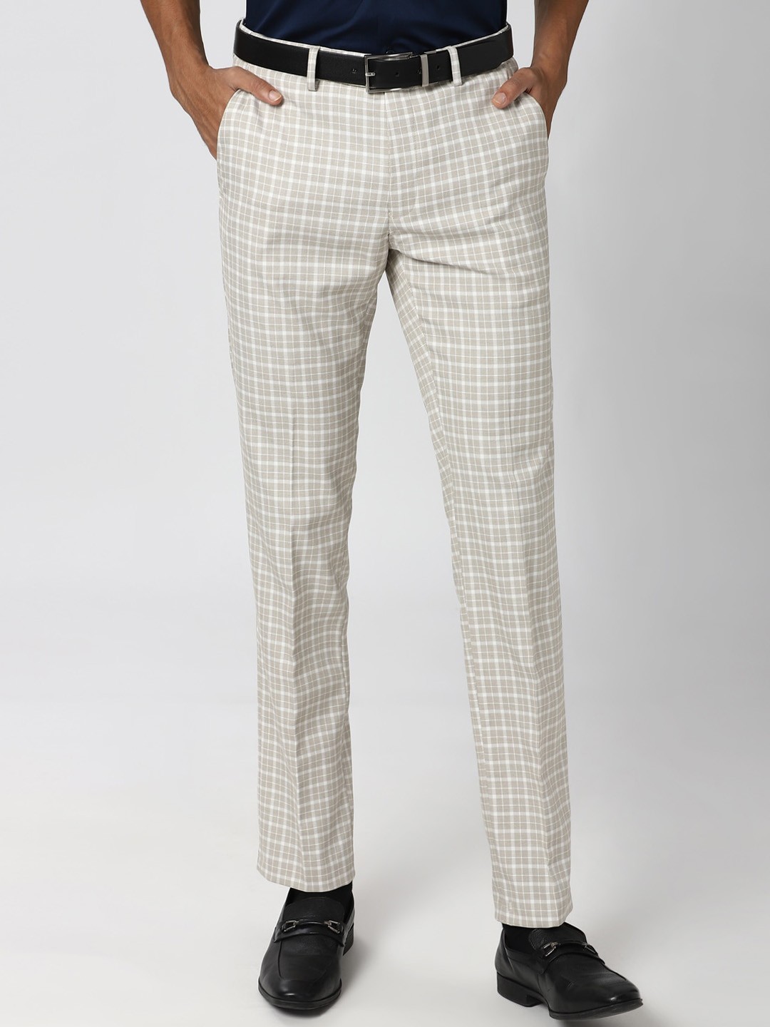 

Peter England Men Beige Checked Slim Fit Formal Trousers