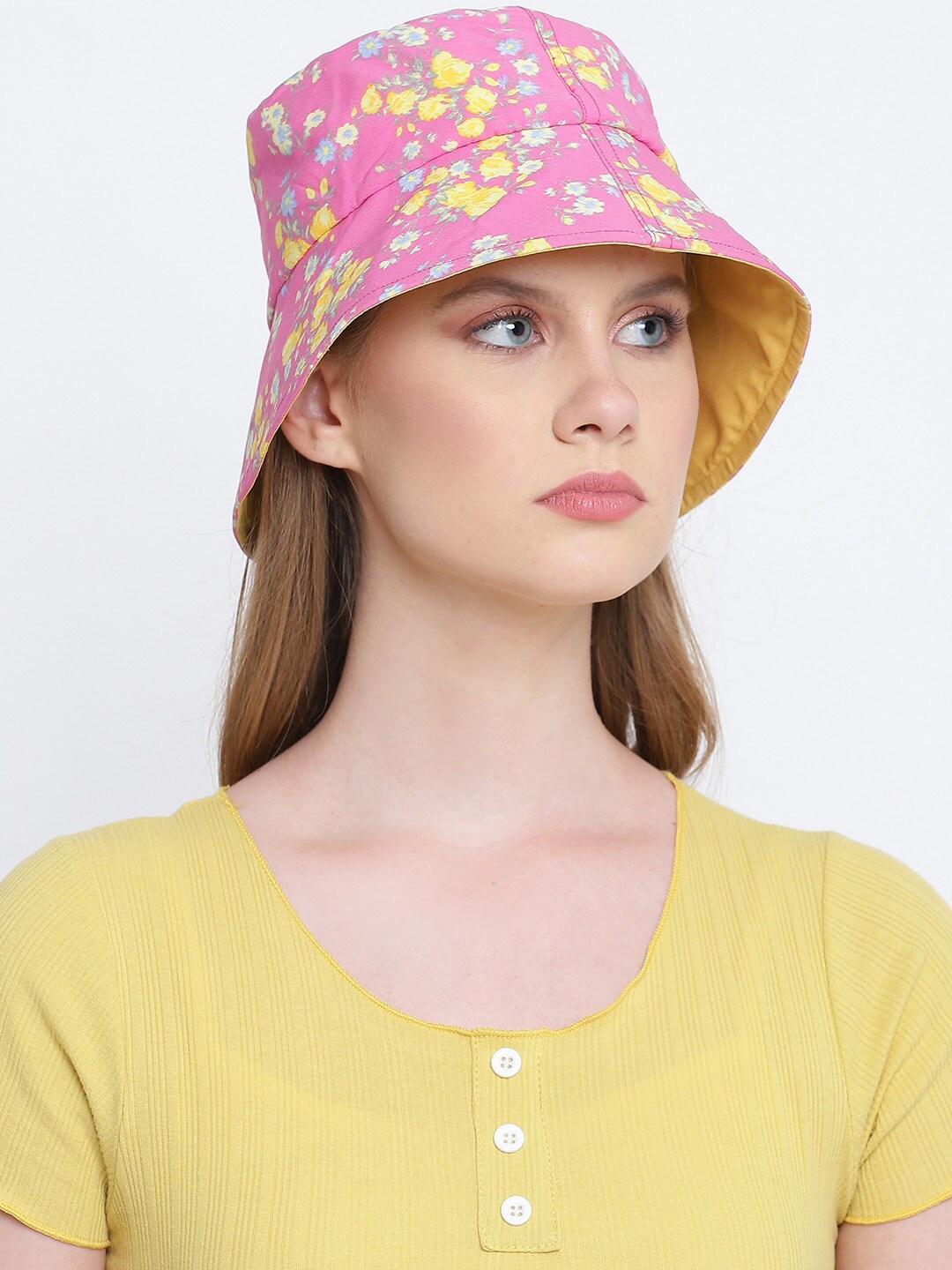 

Oxolloxo Women Pink & Yellow Printed Reversible Bucket Hat