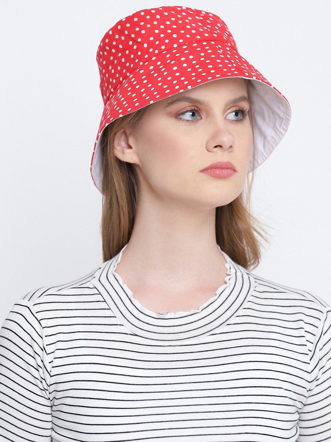 

Oxolloxo Women Red & White Polka Dot Printed Reversible Bucket Hat