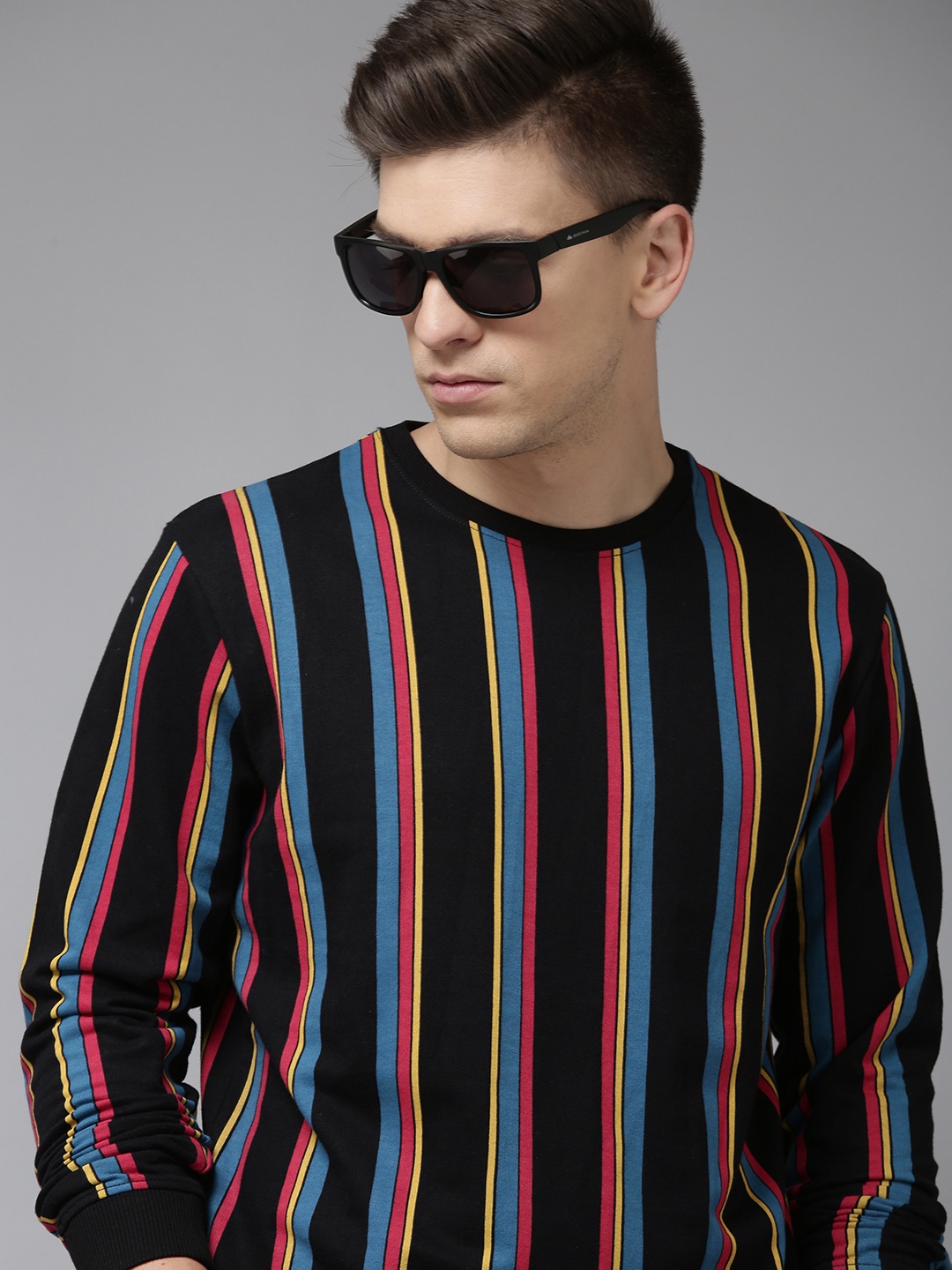 

BEAT LONDON by PEPE JEANS Men Black Multi Or Variegated Stripes Pure Cotton Sweatshirt