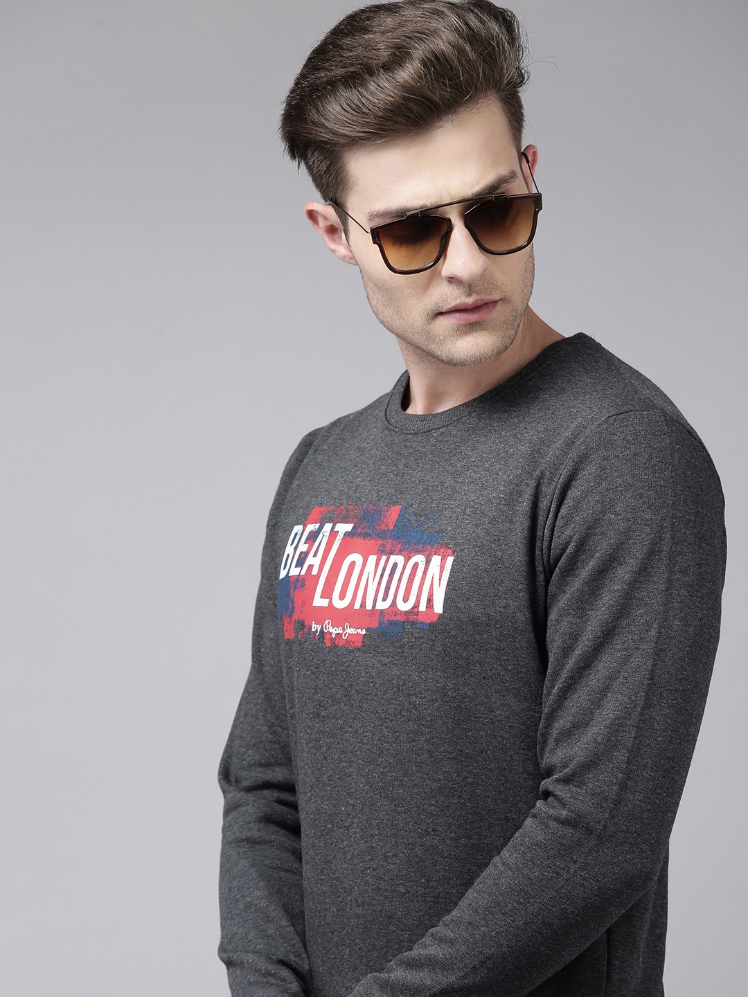 

BEAT LONDON by PEPE JEANS Men Charcoal Grey & White Printed Sweatshirt