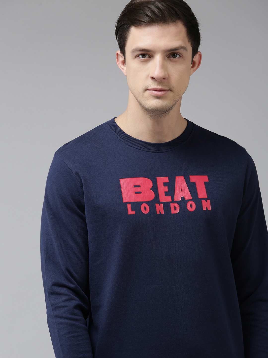 

BEAT LONDON by PEPE JEANS Men Navy Blue Brand logo Printed Pure Cotton Sweatshirt