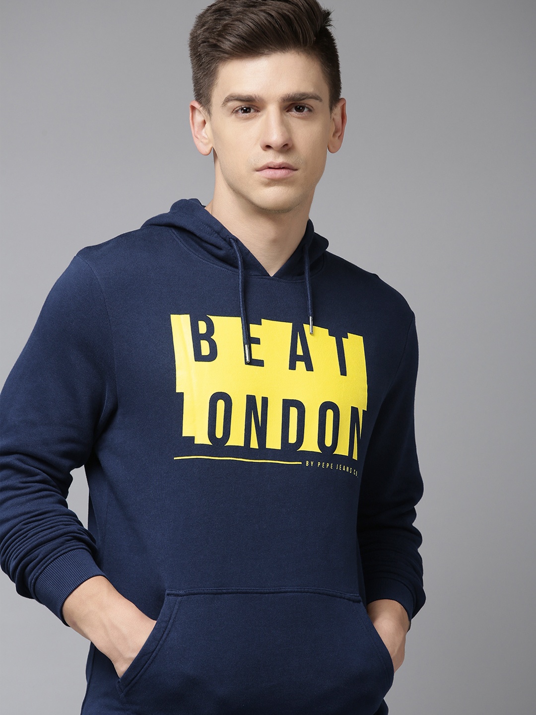 

BEAT LONDON by PEPE JEANS Men Navy Blue Brand Logo Print Hooded Pure Cotton Sweatshirt