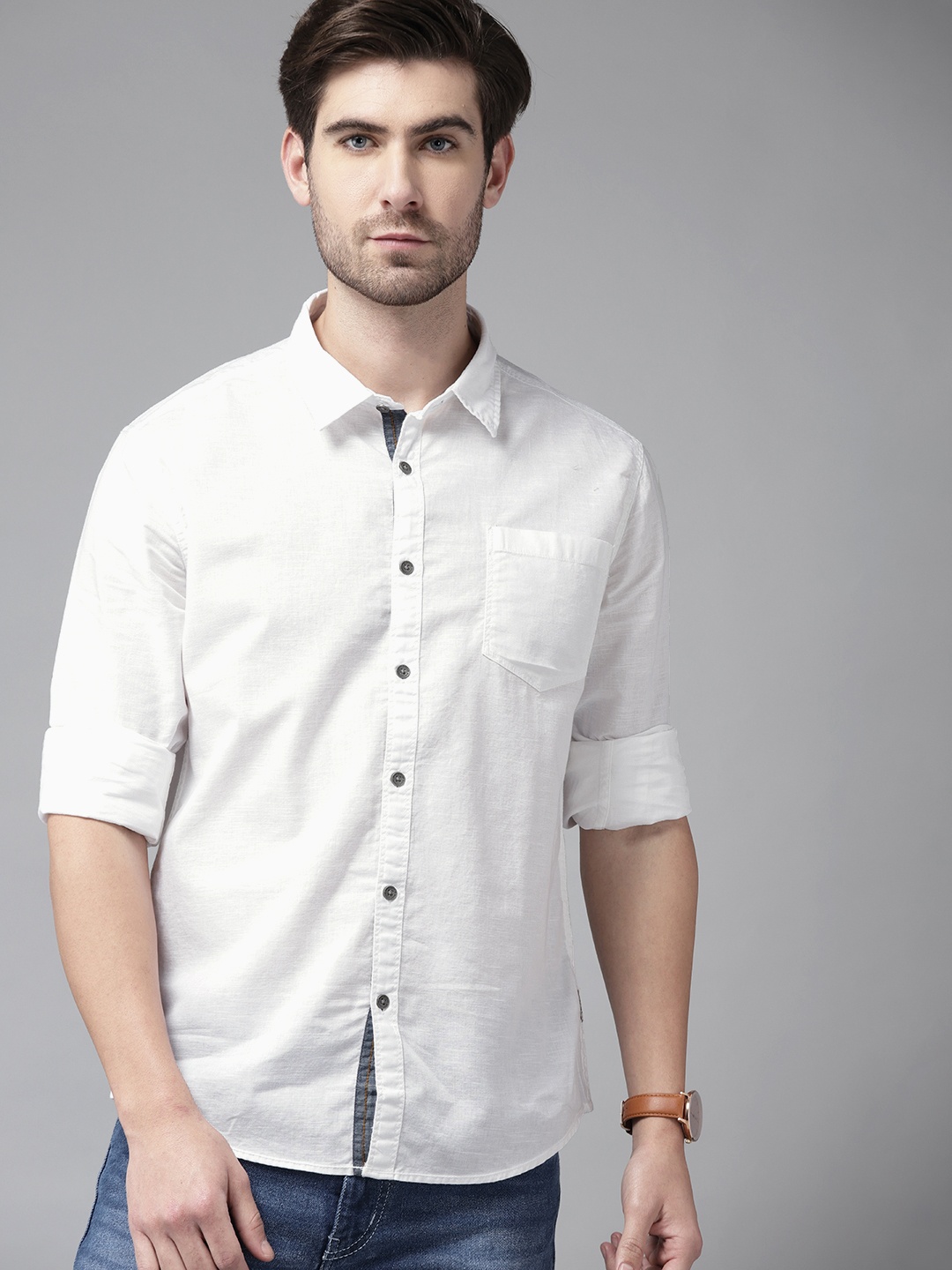 

BEAT LONDON by PEPE JEANS Men White Pure Cotton Solid Slim Fit Casual Shirt