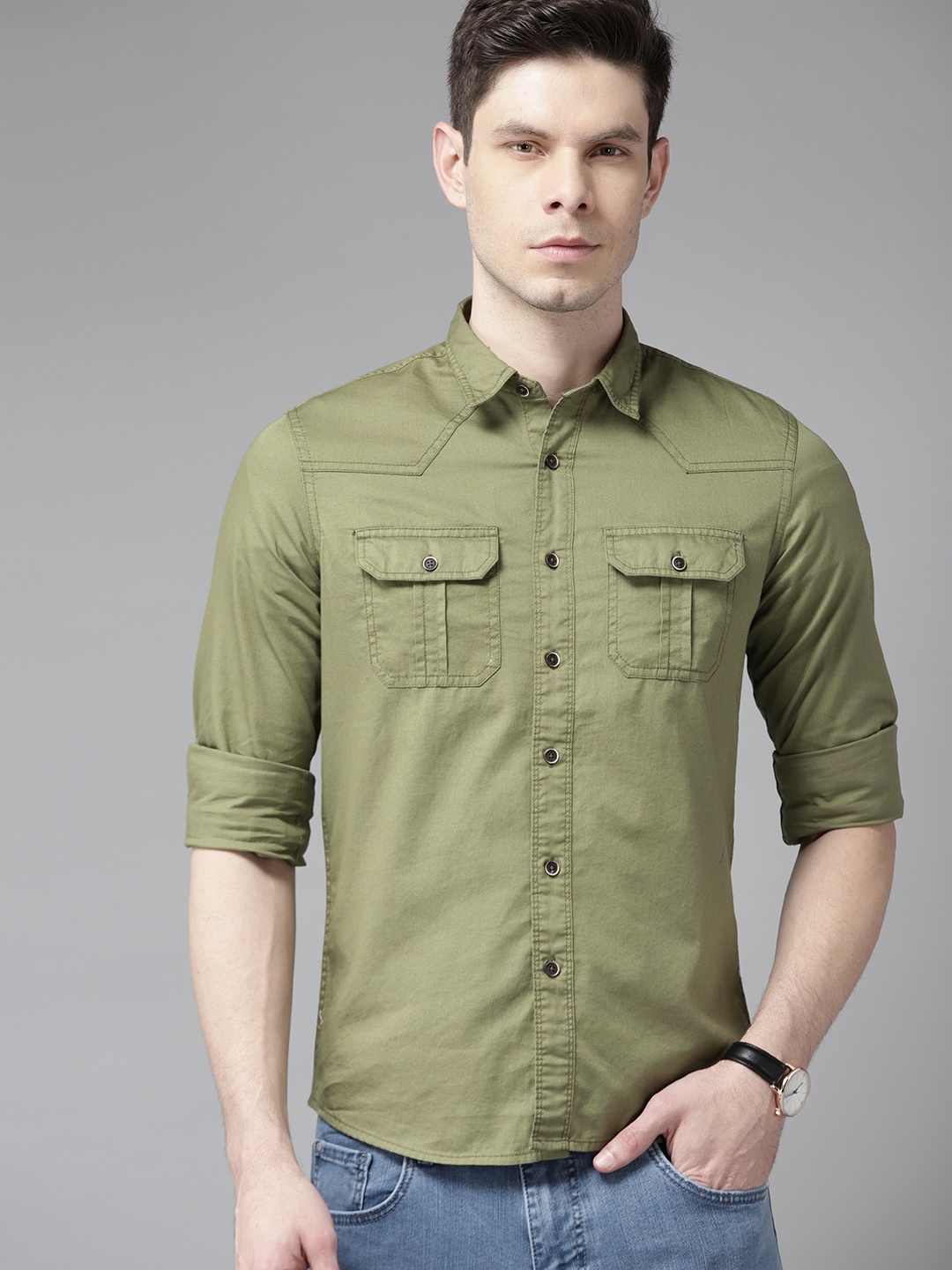 

BEAT LONDON by PEPE JEANS Men Olive Green Solid Slim Fit Pure Cotton Casual Shirt