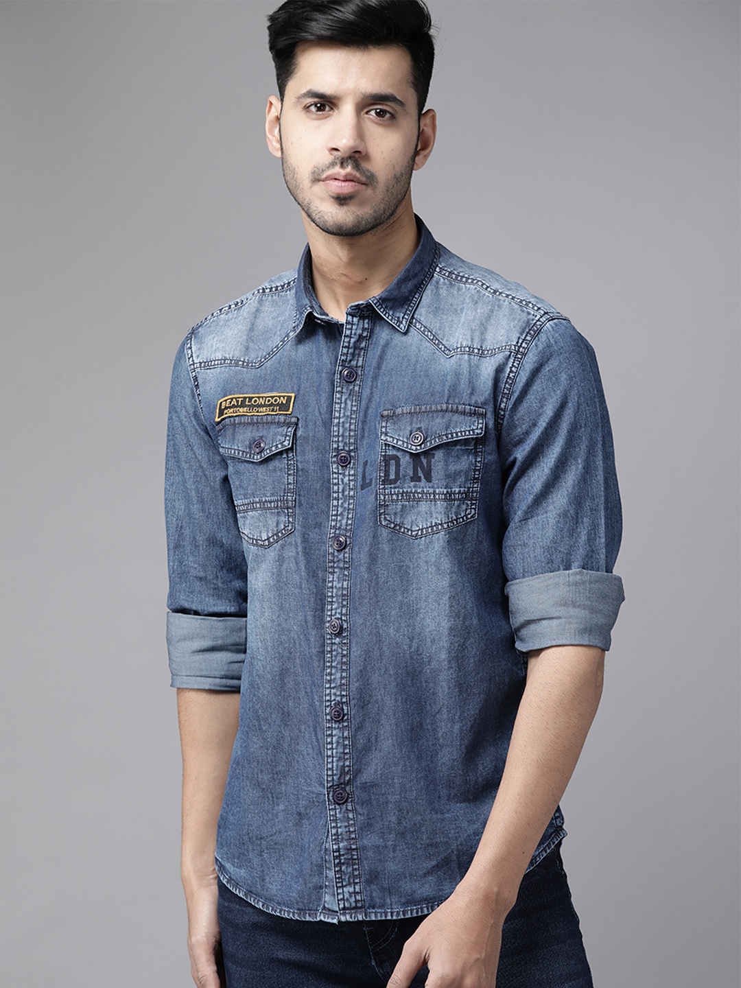 

BEAT LONDON by PEPE JEANS Men Navy Blue Cotton Slim Fit Faded Casual Denim Shirt