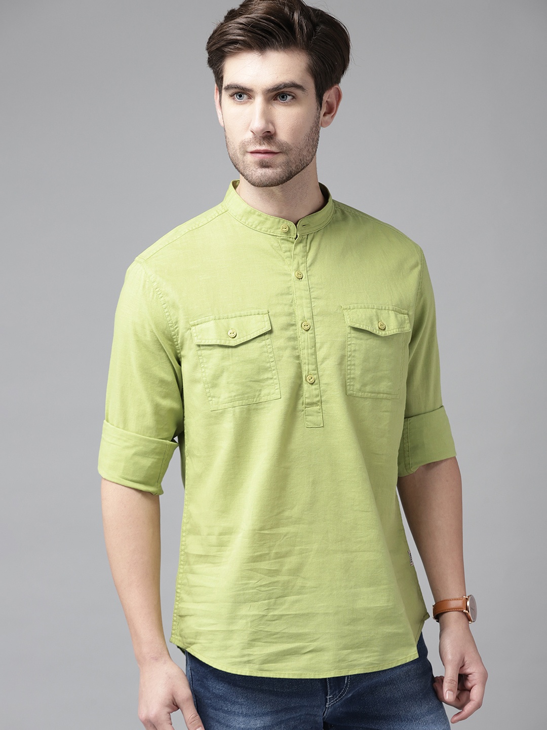 

BEAT LONDON by PEPE JEANS Men Lime Green Pure Cotton Solid Slim Fit Opaque Casual Shirt