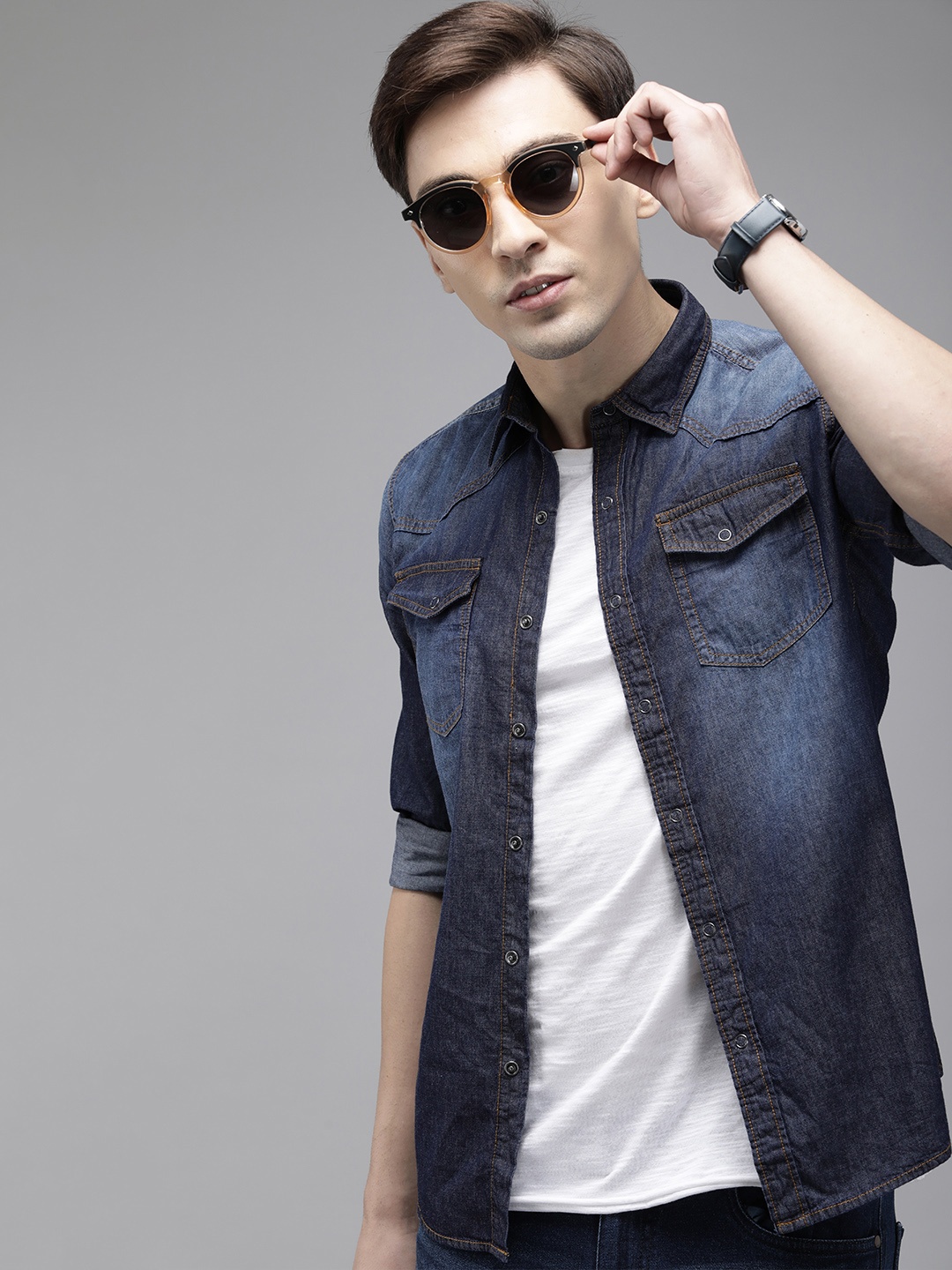 

BEAT LONDON by PEPE JEANS Men Blue Slim Fit Faded Pure Cotton Casual Shirt