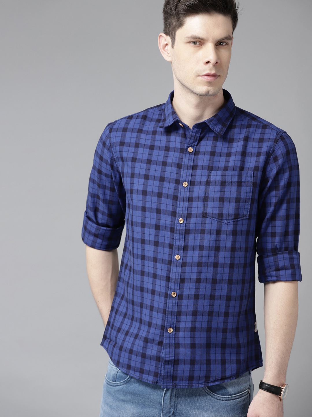 

BEAT LONDON by PEPE JEANS Men Blue Pure Cotton Slim Fit Tartan Checked Casual Shirt