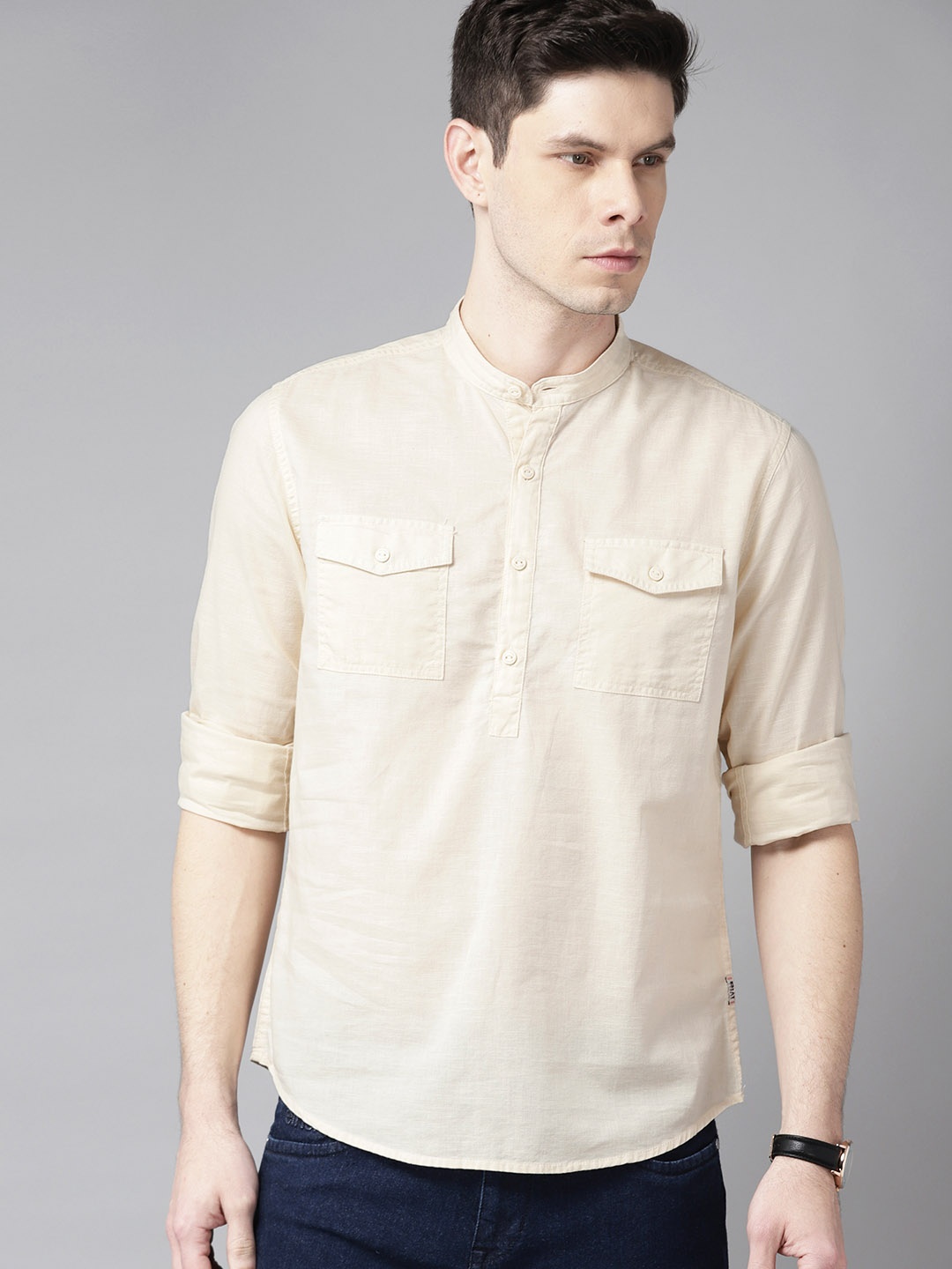 

BEAT LONDON by PEPE JEANS Men Beige Pure Cotton Solid Slim Fit Opaque Casual Shirt