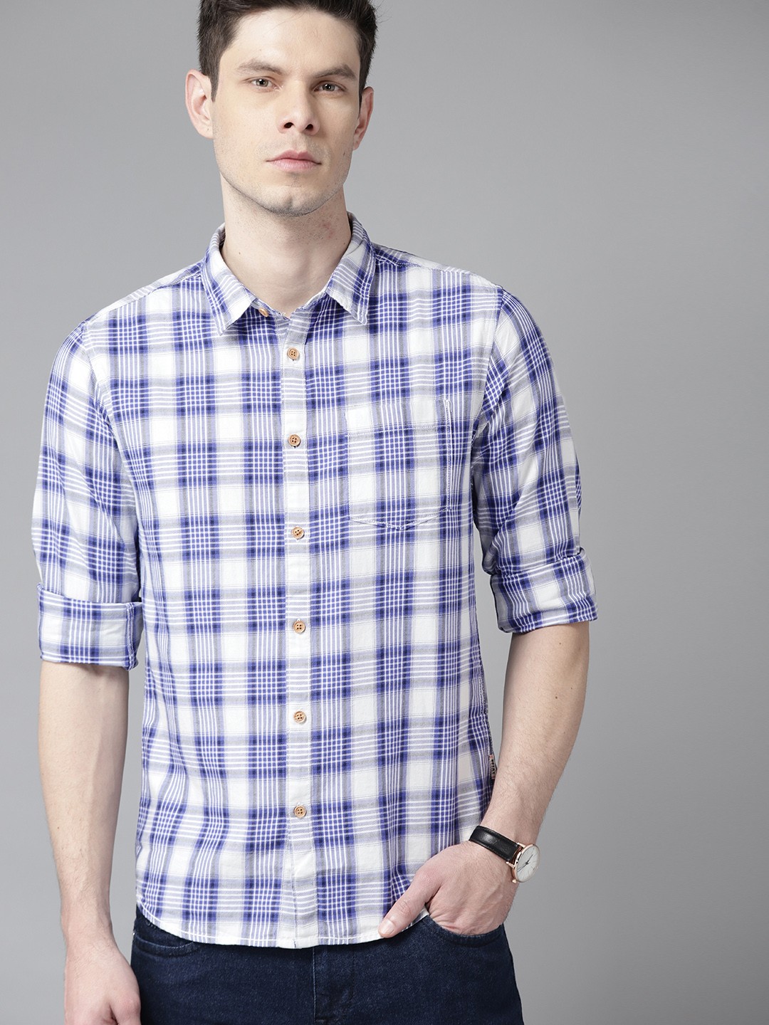 

BEAT LONDON by PEPE JEANS Men Blue Pure Cotton Slim Fit Tartan Checked Casual Shirt