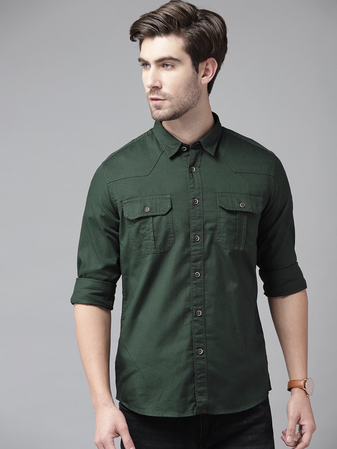 

BEAT LONDON by PEPE JEANS Men Green Pure Cotton Solid Slim Fit Opaque Casual Shirt