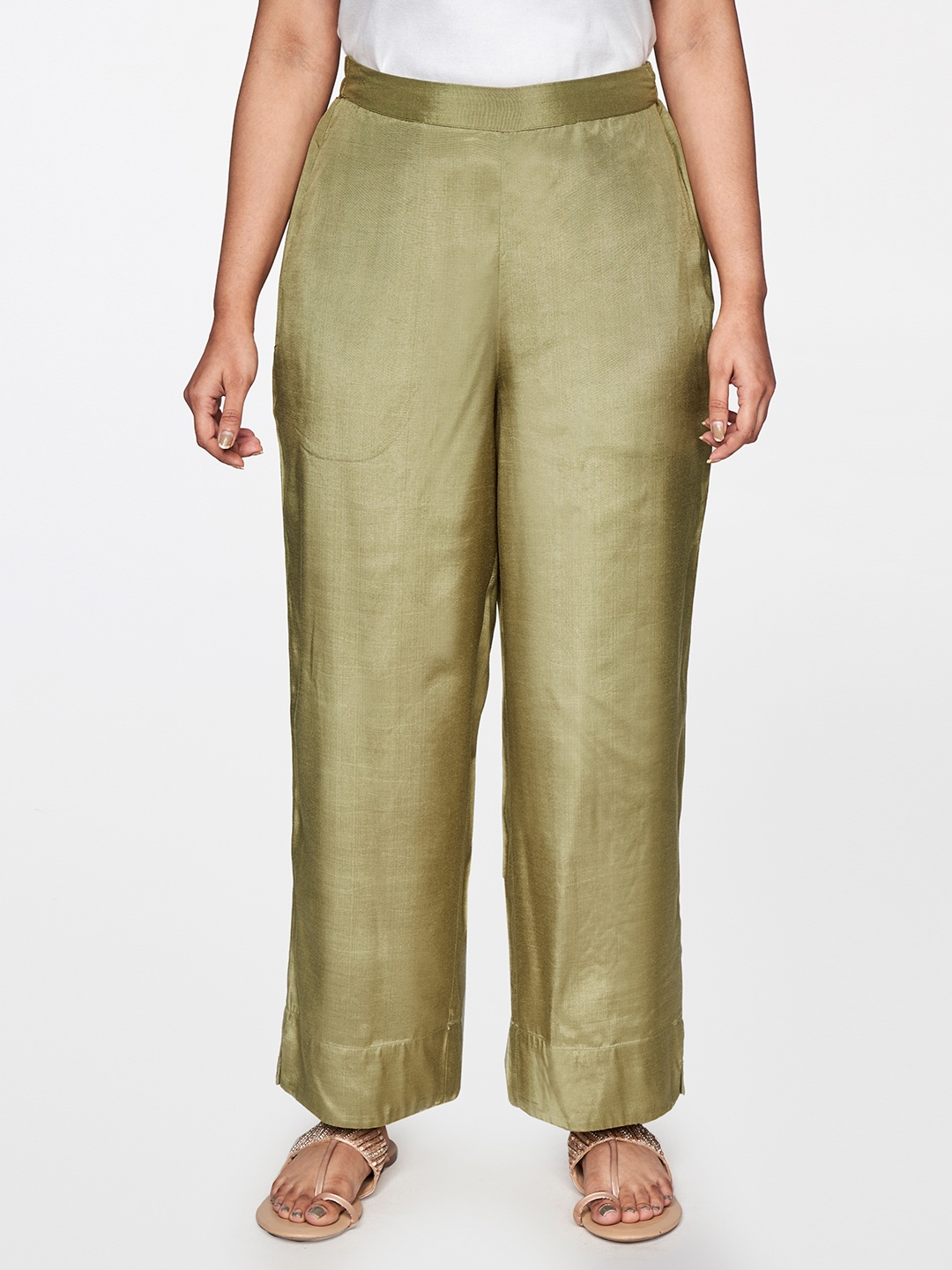 

Global Desi Women Olive Green Straight Fit Parallel Trousers