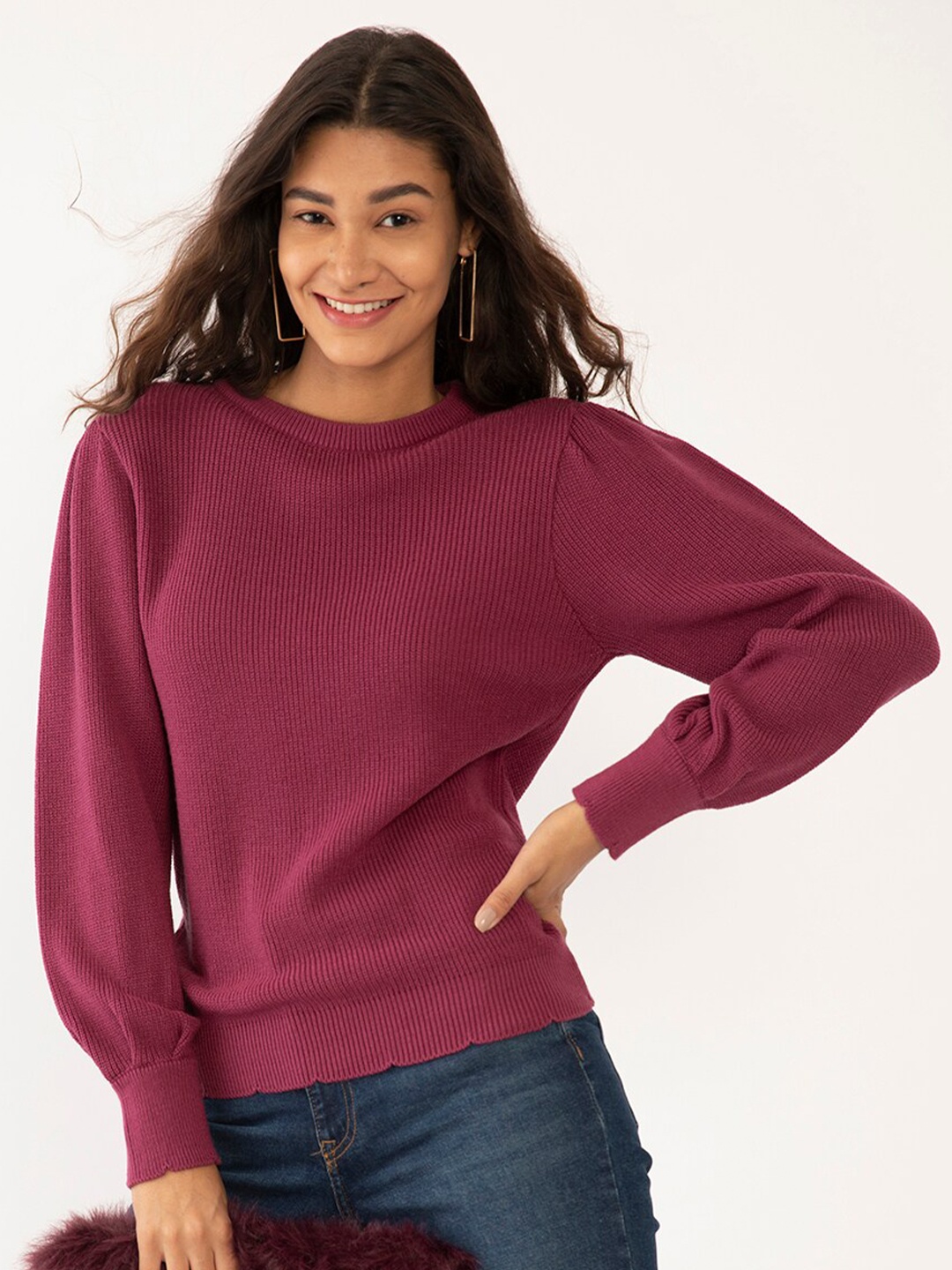 

Zink London Women Purple Ribbed Acrylic Pullover