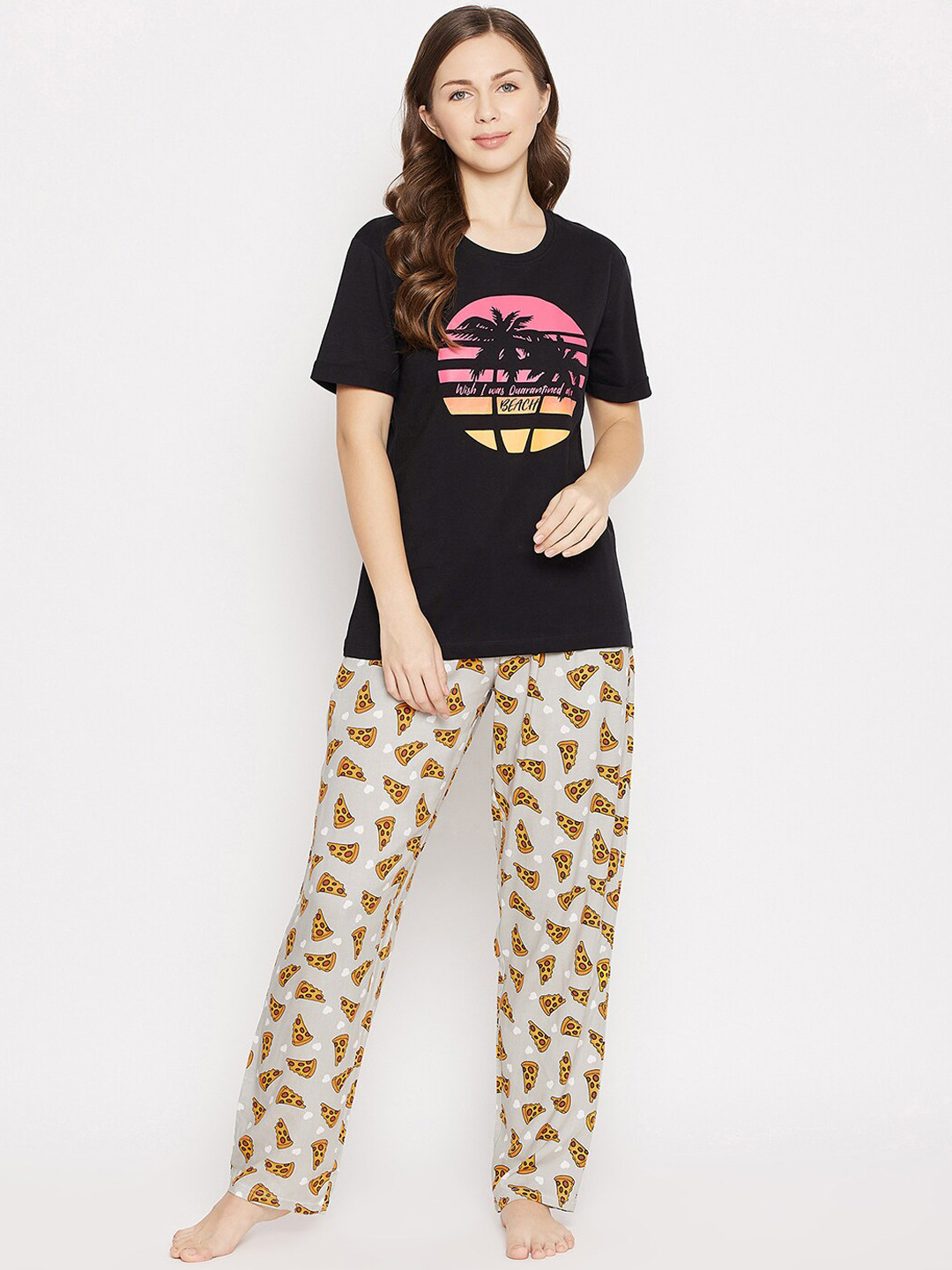 

Clovia Women Black & Grey Printed Pure Cotton Sleep T-shirt & Pyjama Set