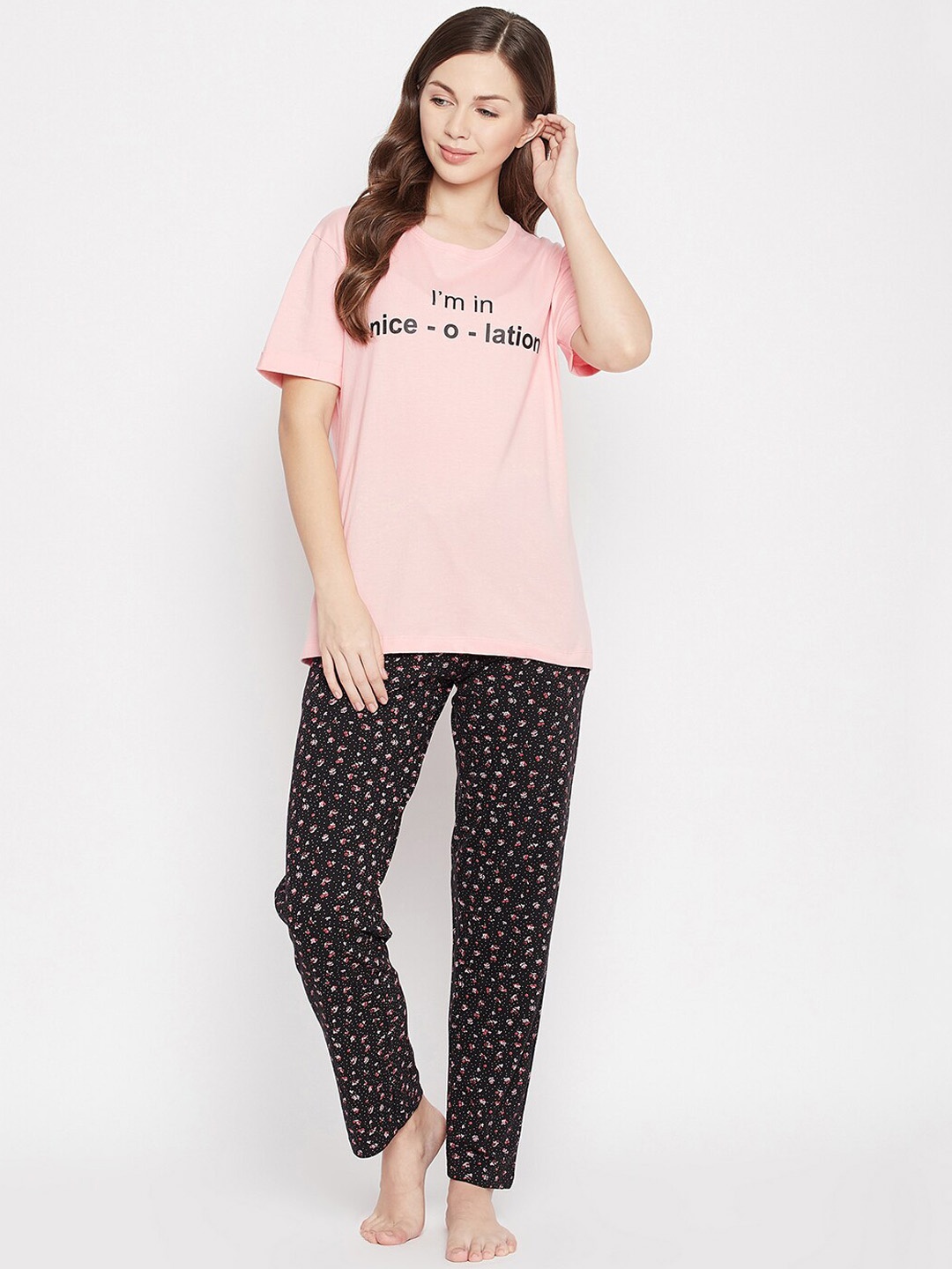 

Clovia Women Pink & Black Printed Pure Cotton Sleep T-shirt & Pyjama Set