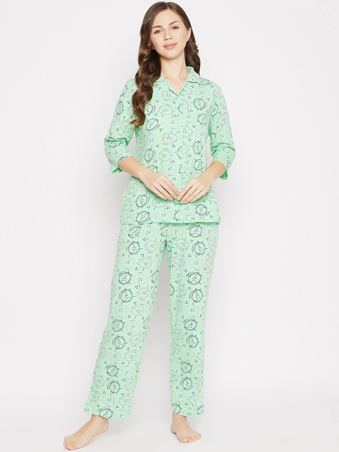 

Clovia Women Sea Green & Pink Printed Pure Cotton Shirt & Pyjama Set