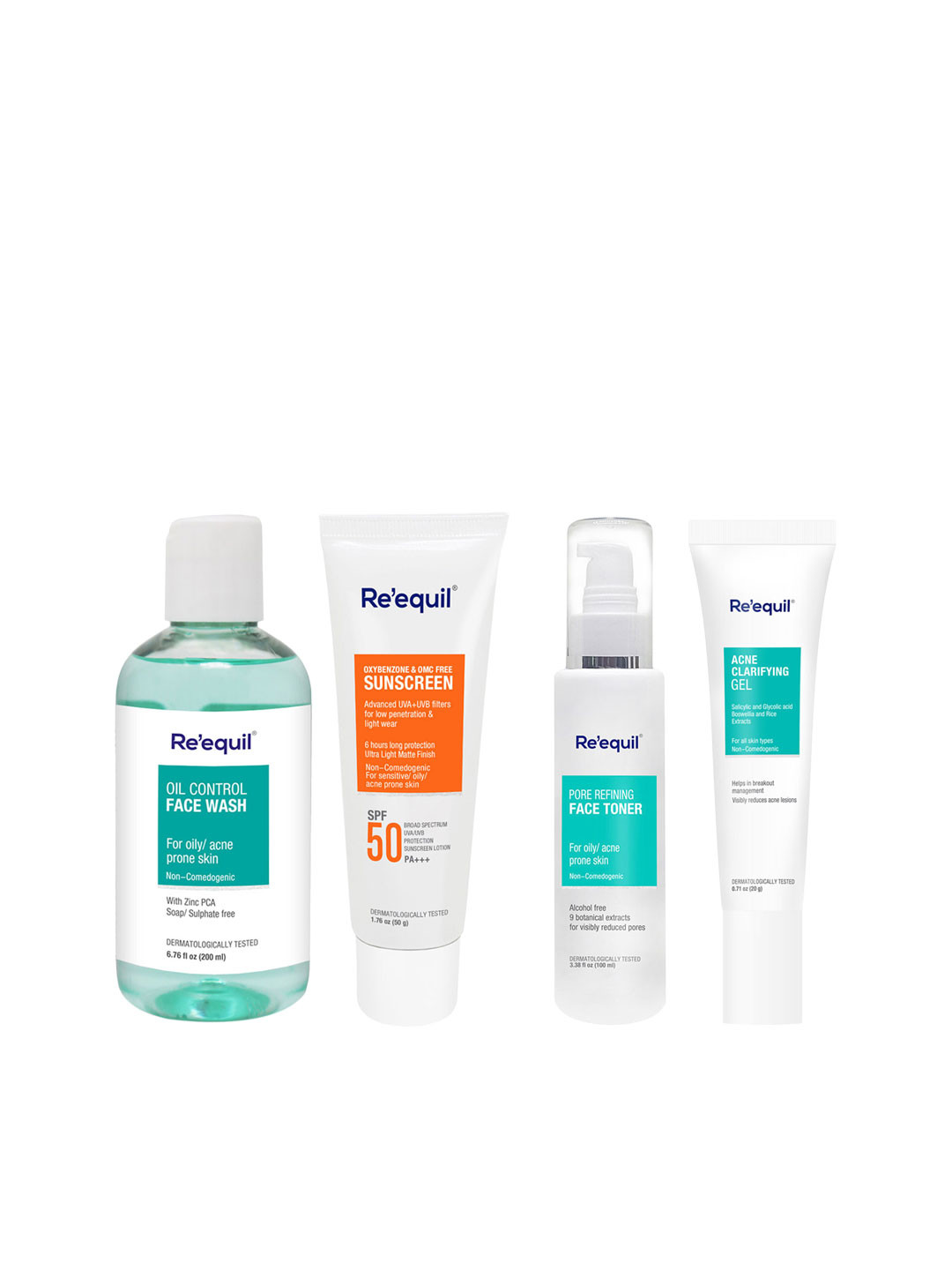

Reequil Set of Oxybenzone Sunscreen, Face Toner, AHA BHA Gel & Anti Acne Face Wash, White