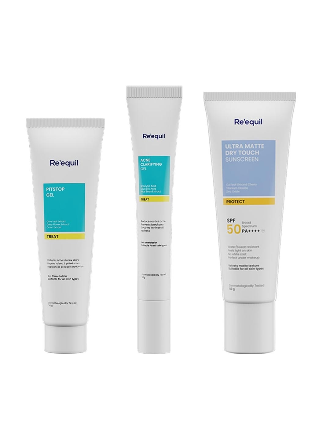 

Reequil Set of Ultra Matte Dry Touch Sunscreen Gel, AHA BHA Clarifying Gel & Pitstop Gel, White