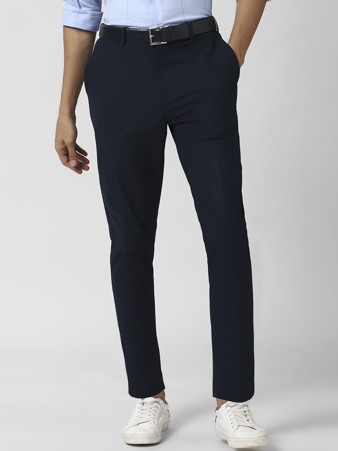 

Peter England Men Navy Blue Solid Mid-Rise Trousers