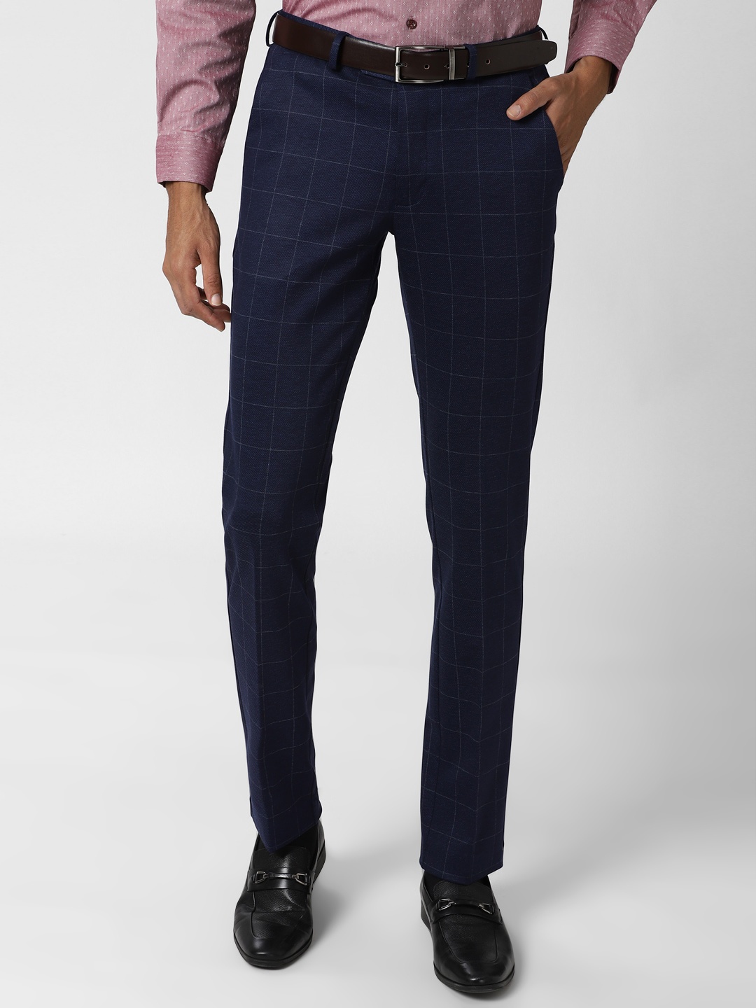 

Peter England Men Navy Blue Checked Slim Fit Formal Trousers