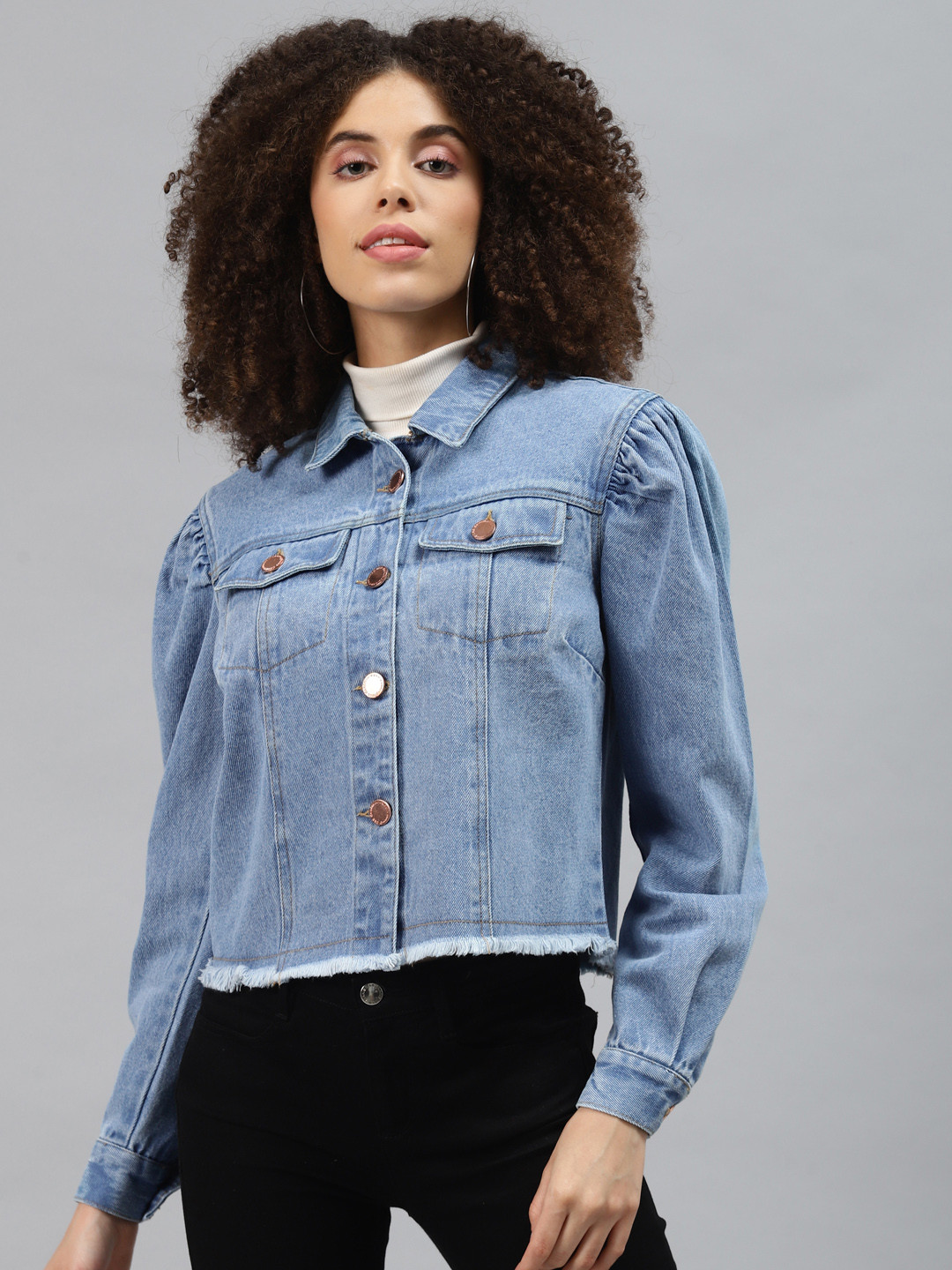 

plusS Women Blue Crop Denim Jacket