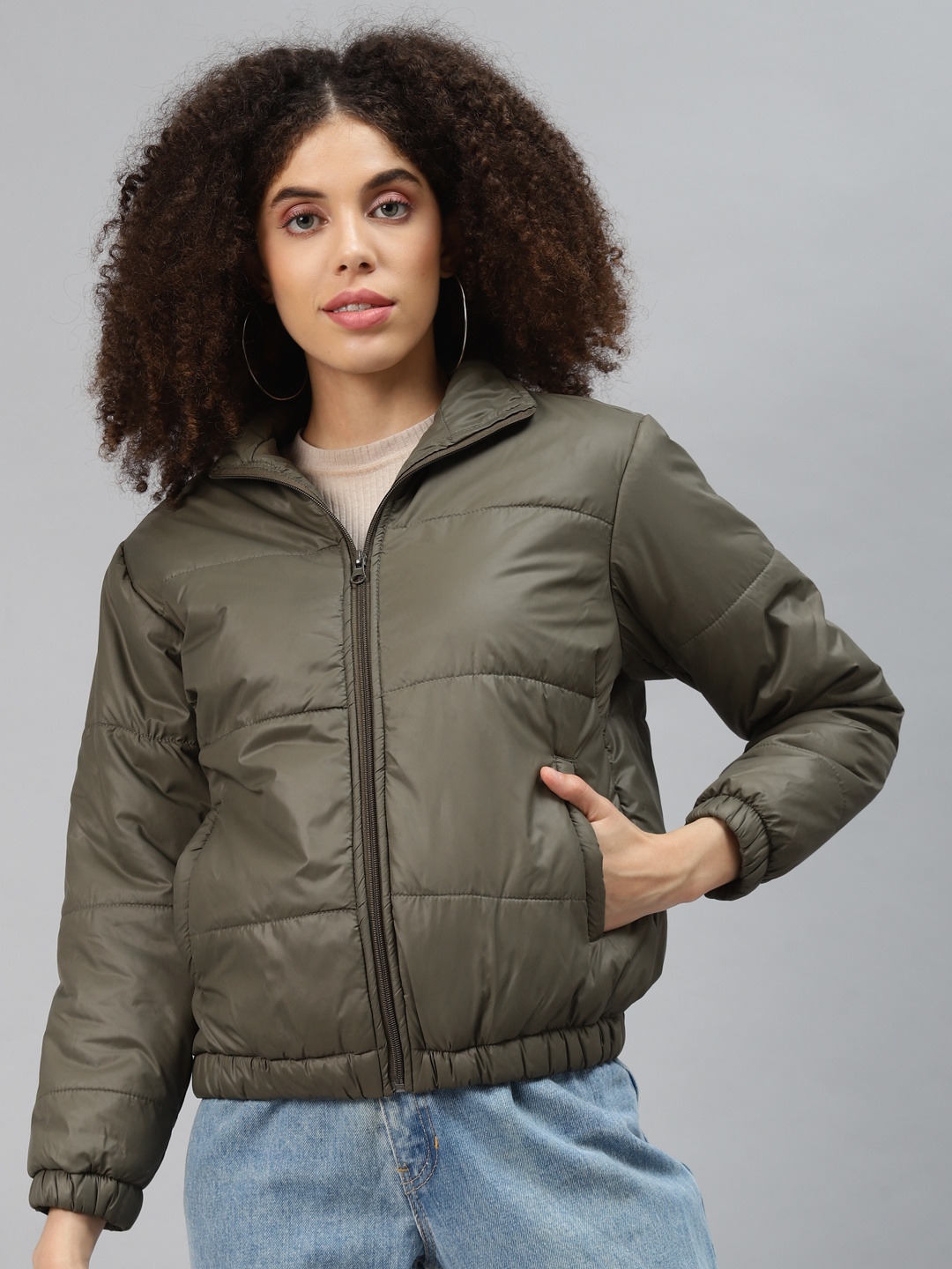 

plusS Women Olive Green Padded Jacket