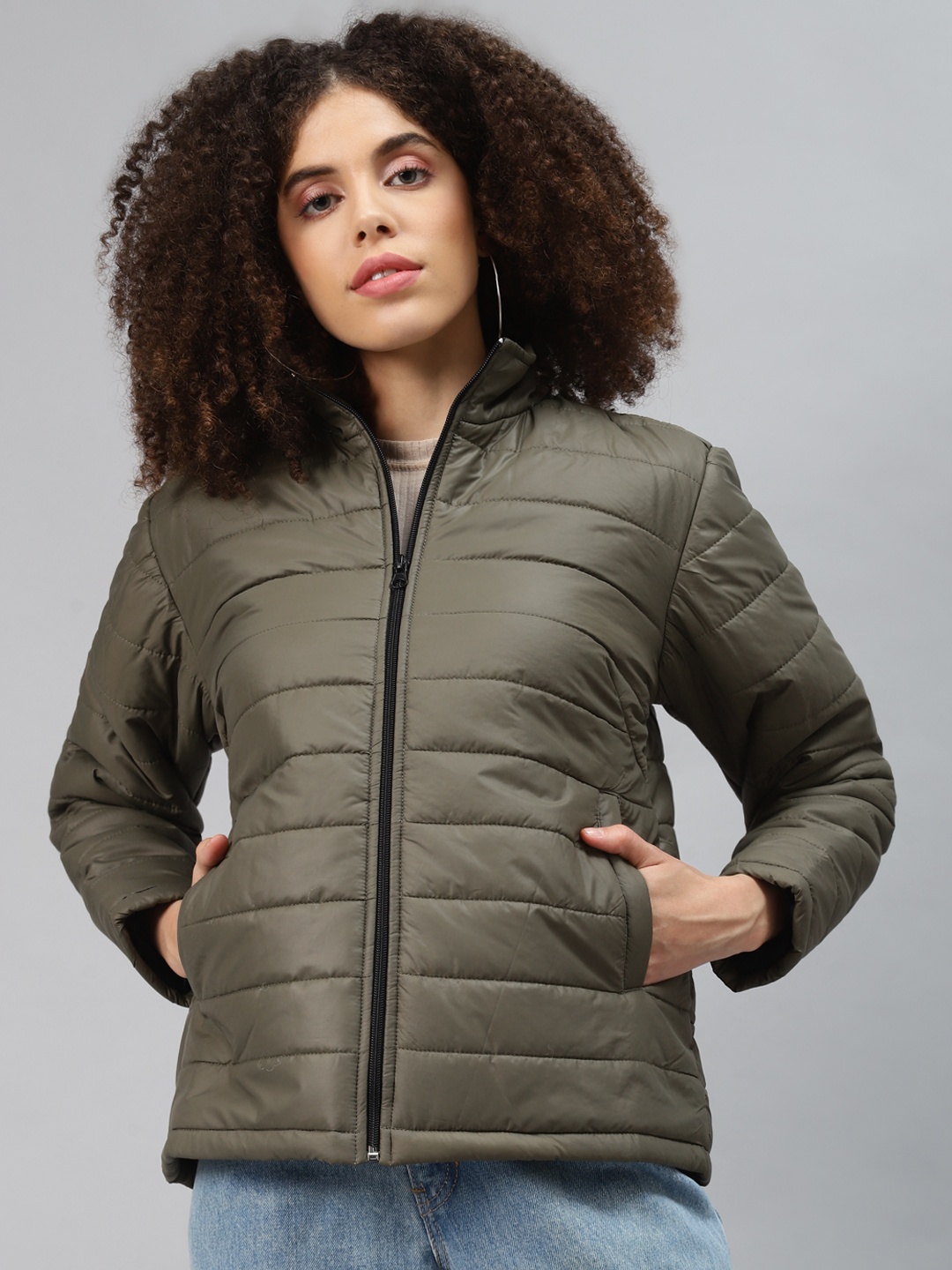 

plusS Women Olive Green Padded Jacket