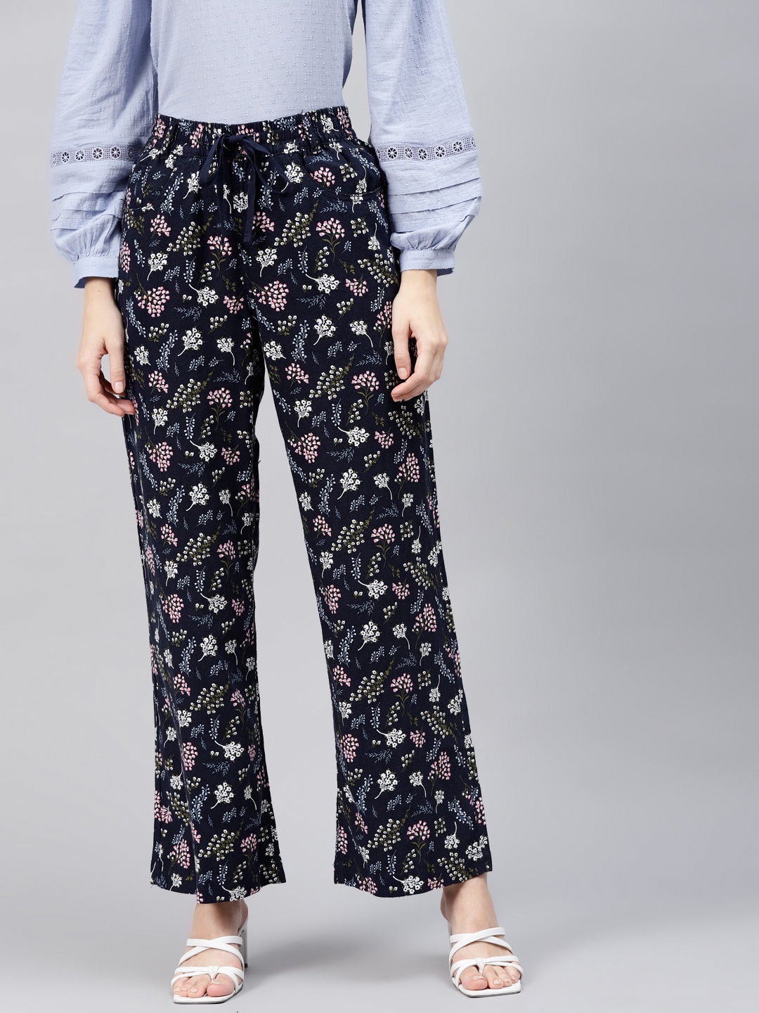 

Marks & Spencer Women Navy Blue Floral Printed Straight Fit Linen Trousers