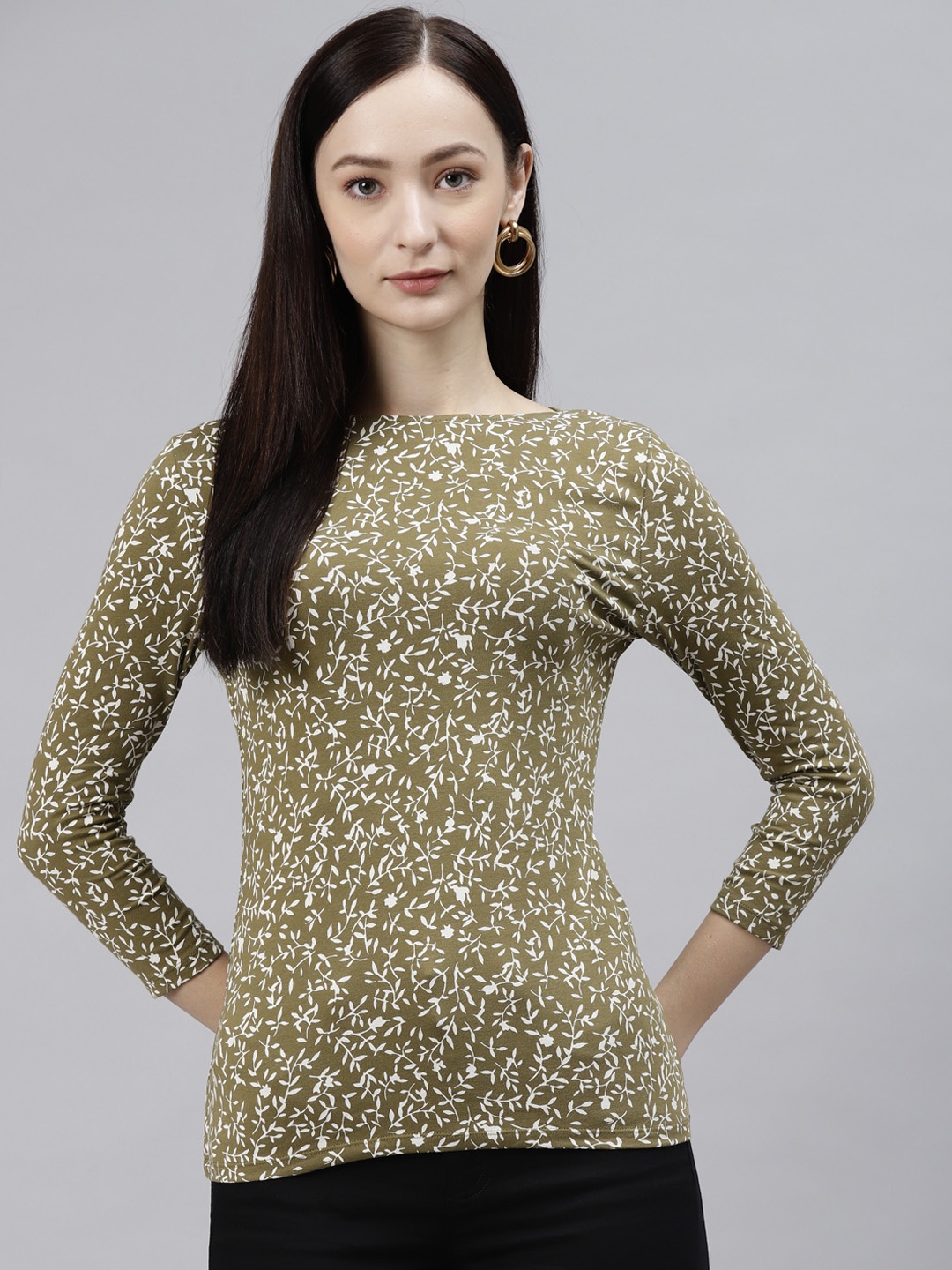 

Marks & Spencer Women Olive Green & White Floral Printed T-shirt