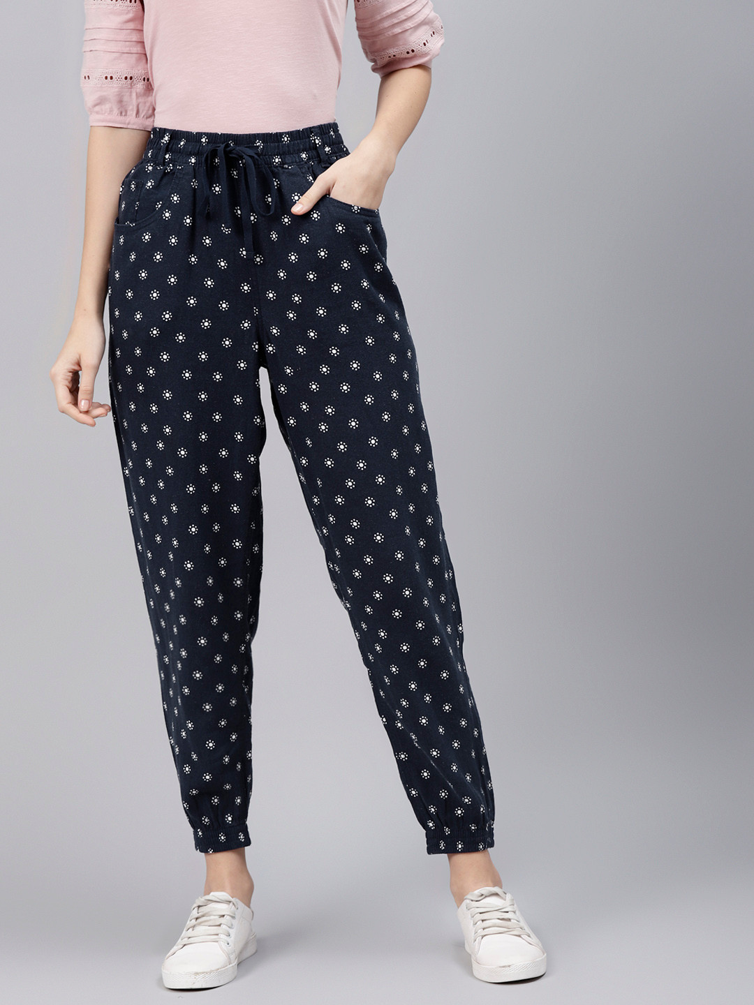 

Marks & Spencer Women Navy Blue Floral Printed Linen Joggers Trousers