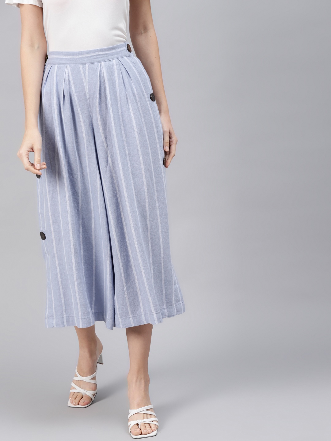 

Marks & Spencer Women Blue Striped Flared Pleated Linen Culottes Trousers