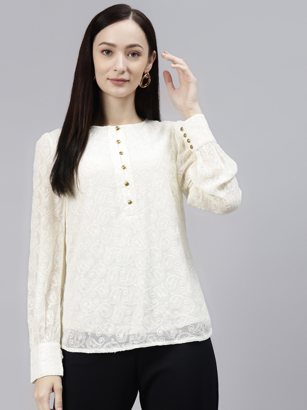 

Marks & Spencer Cream-Coloured Embroidered Regular Top