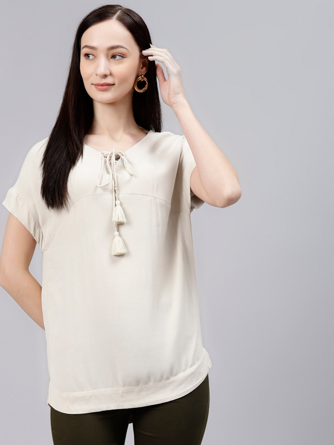 

Marks & Spencer Beige Tie-Up Neck Extended Sleeves Regular Top