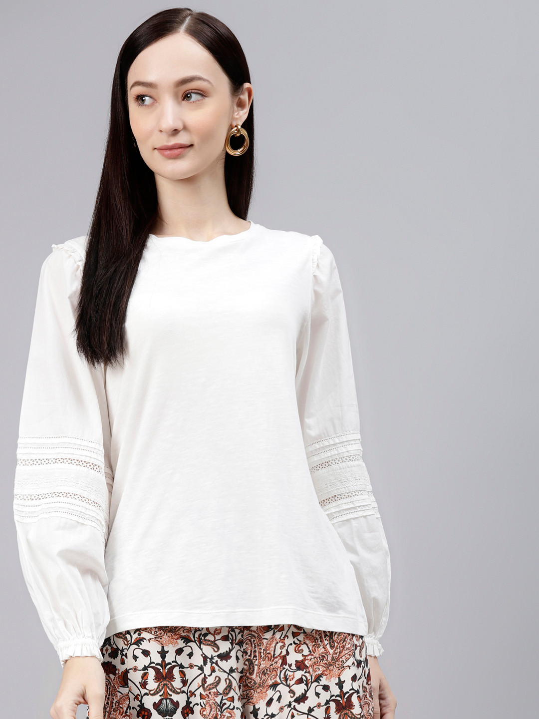 

Marks & Spencer White & Navy Blue Bishop Sleeves Regular Top