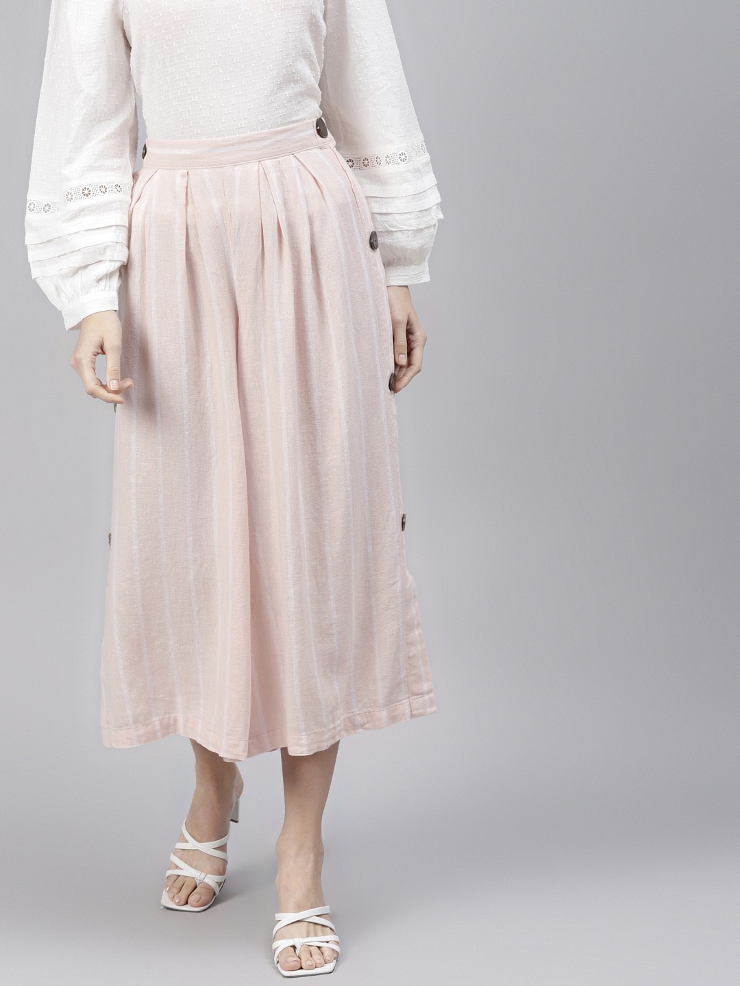 

Marks & Spencer Women Pink Striped Flared Linen Culottes Trousers