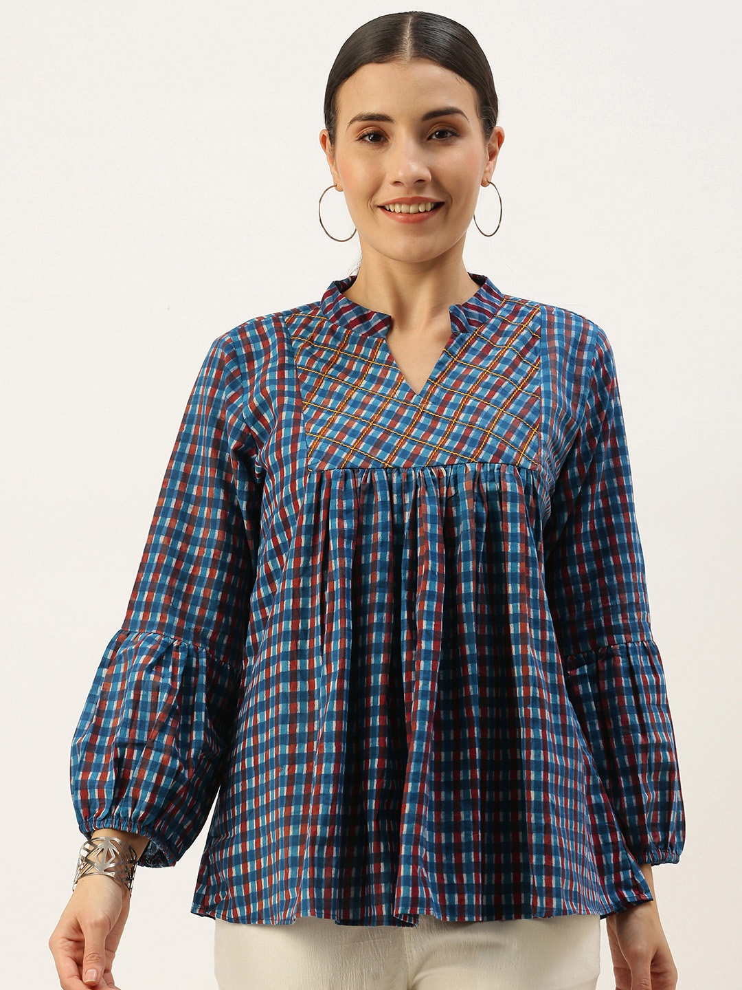 

Saanjh Blue & Red Mandarin Collar Checked Tunic