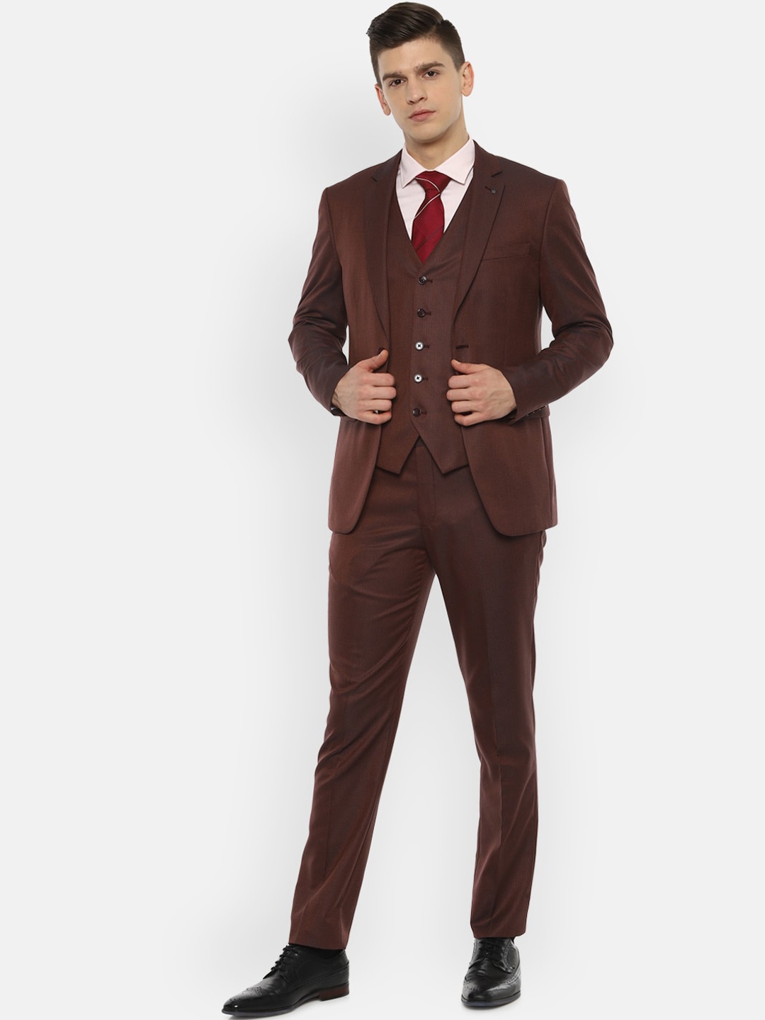 

Louis Philippe Men Maroon Textured Slim Fit Single-Breasted 3-Piece Formal Suit