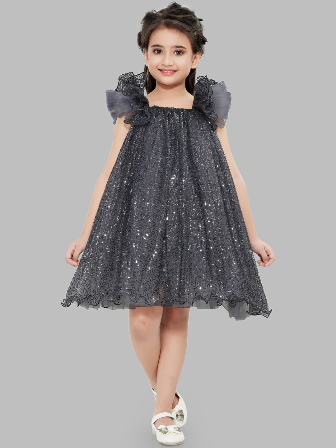 

Pink Chick Grey Embellished Net A-Line Dress